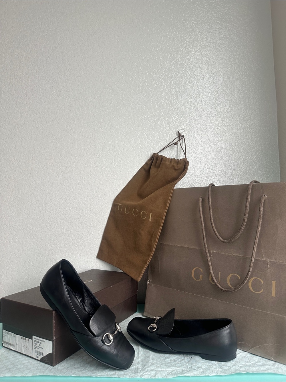 Gucci serial#370229 Twiggy Calf NERO Horsebit Leather Flats-size 36-used
